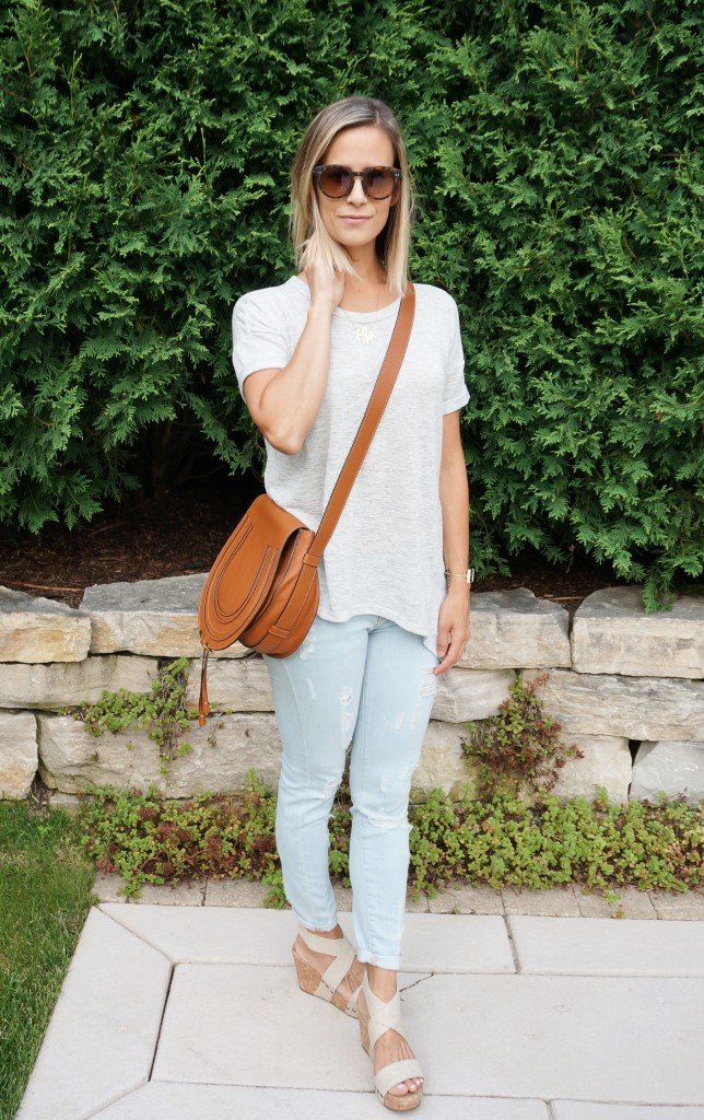 Simple summer style: tee, denim, Chloe bag, sandals, sunglasses