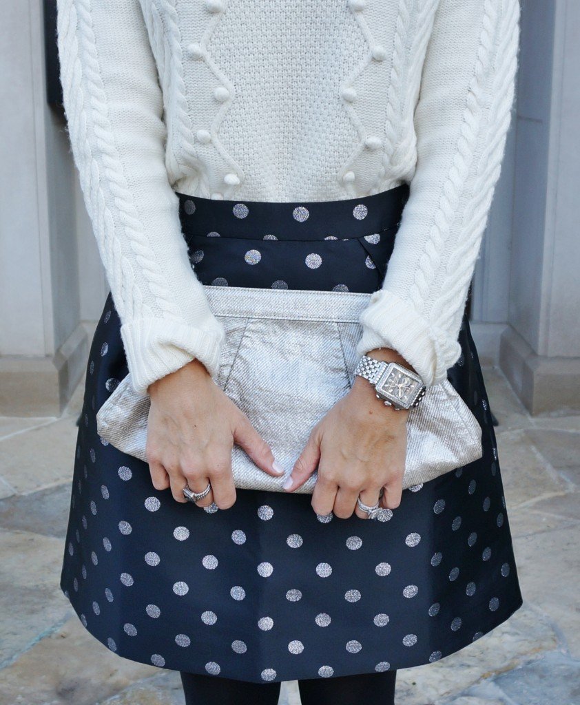 Cozy sweater, skirt, tights, booties, clutch
