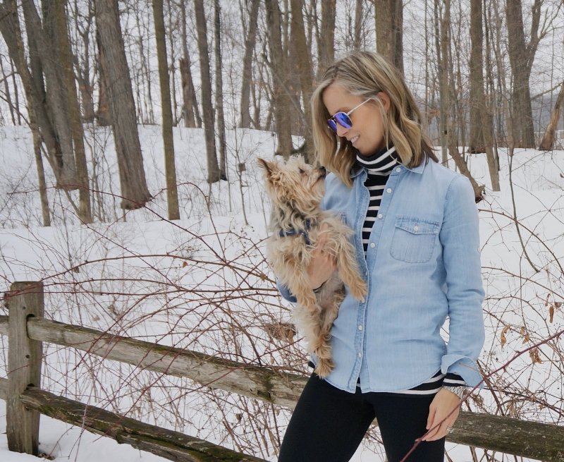 Leggings, striped turtleneck, chambray shirt, sneakers, and pup