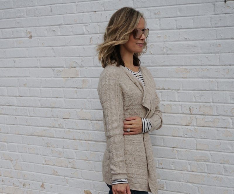 Cozy layers: striped tee, cardigan, flare pants, sunglasses, Louis Vuitton bag