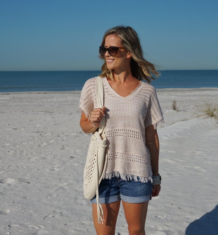 Beach: crochet, denim shorts, crochet tote, sandals