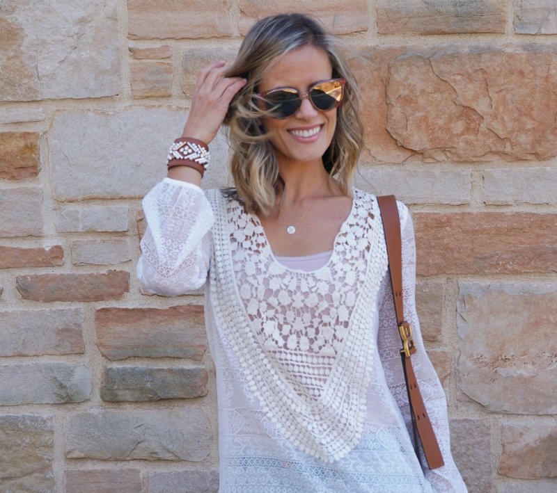 Lace top, flare jeans, Chloe bag, wedges, and sunglasses