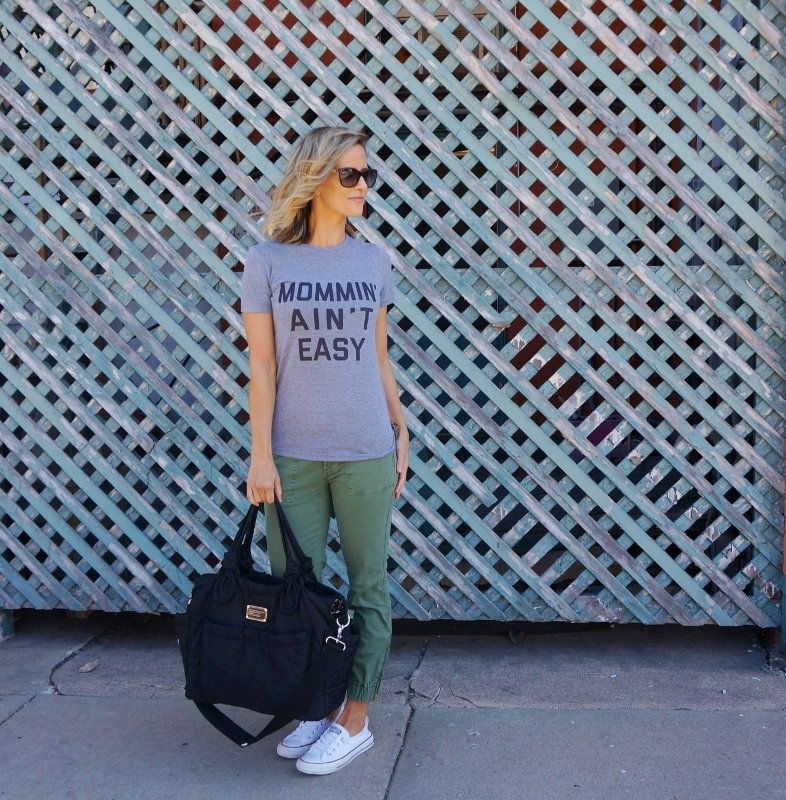 #momlife: graphic tee, olive pants, tote, sunglasses, and sneakers