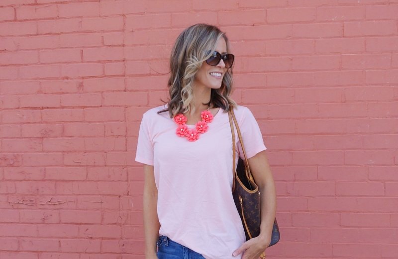 Pink tee, statement necklace, ripped jeans, leopard wedges, Louis Vuitton bag