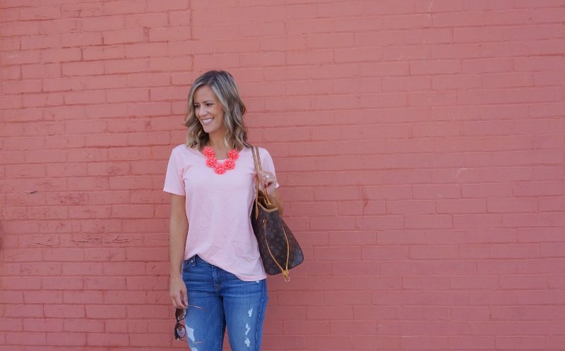 Pink tee, statement necklace, ripped jeans, leopard wedges, Louis Vuitton bag