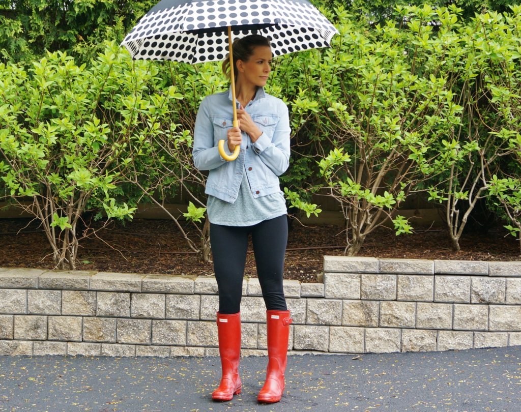 Rain outfit: leggings, tee, denim jacket, umbrella, Hunter boots