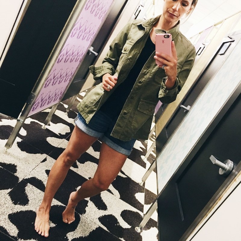Dressing room diaries, denim shorts, tee, and army jacket 