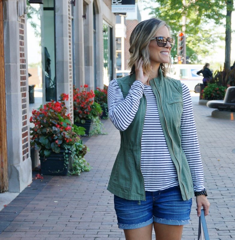 Summer to fall: striped tee, army vest denim shorts, tote, and converse