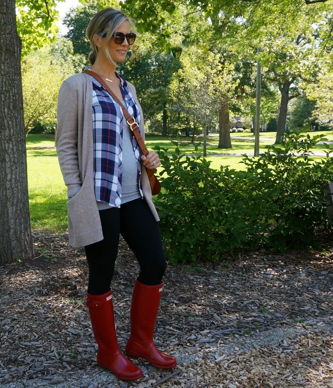Fall layers: tank, flannel, cardigan, leggings, Chloe bag, Hunter boots