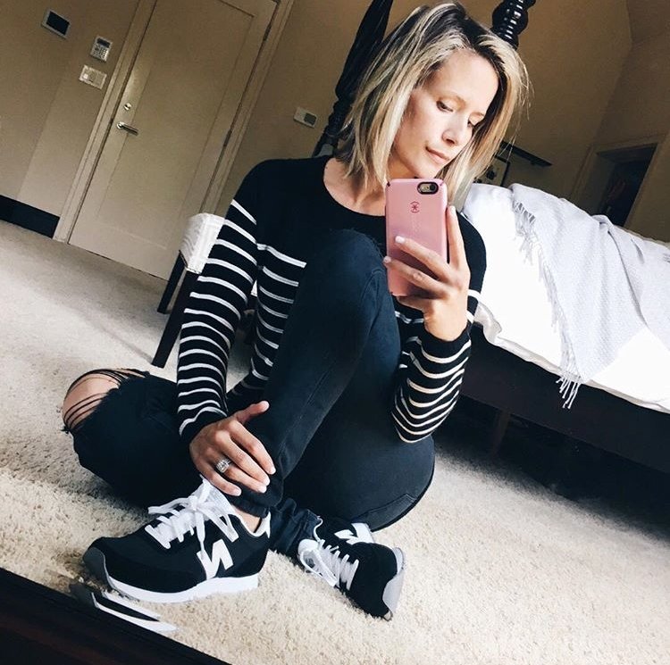 Fall style, striped tee, denim, and sneakers