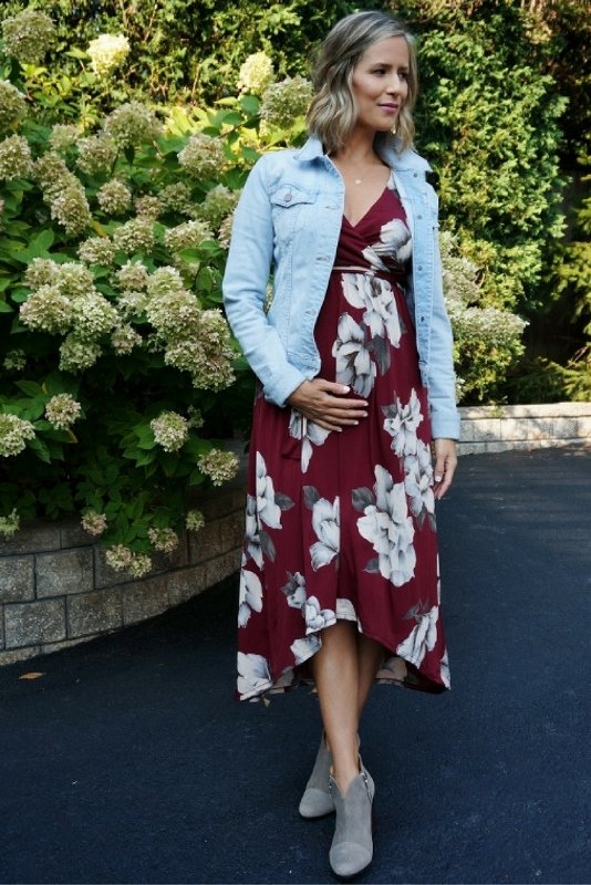 Fall florals: dress, denim jacket, and booties