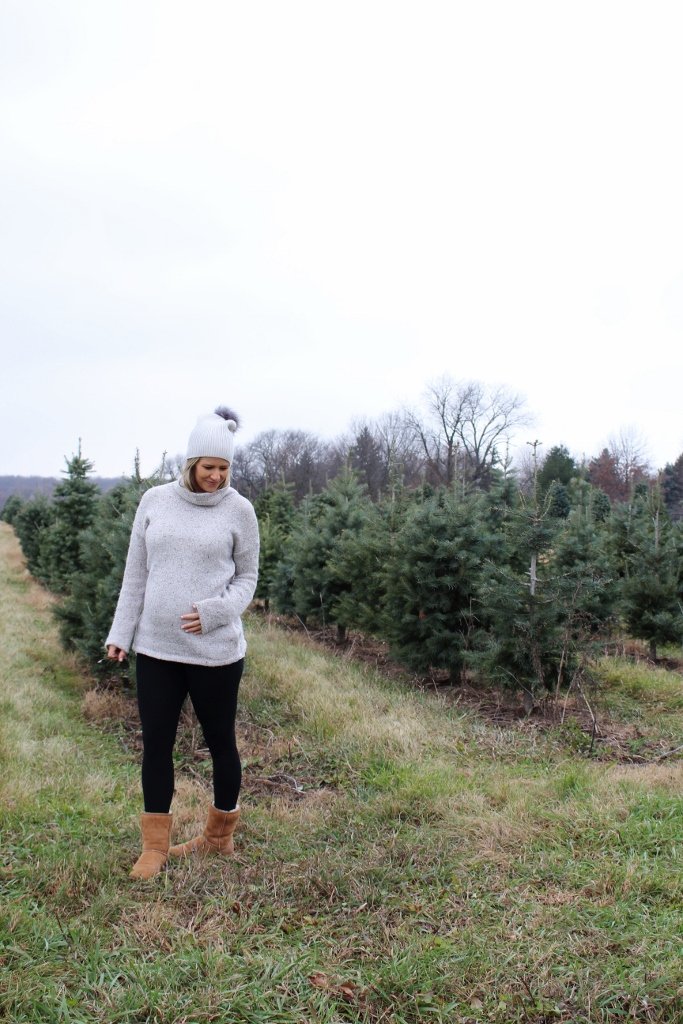 Christmas tree farm: Cozy sweater, leggings, Ugg boots, beanie