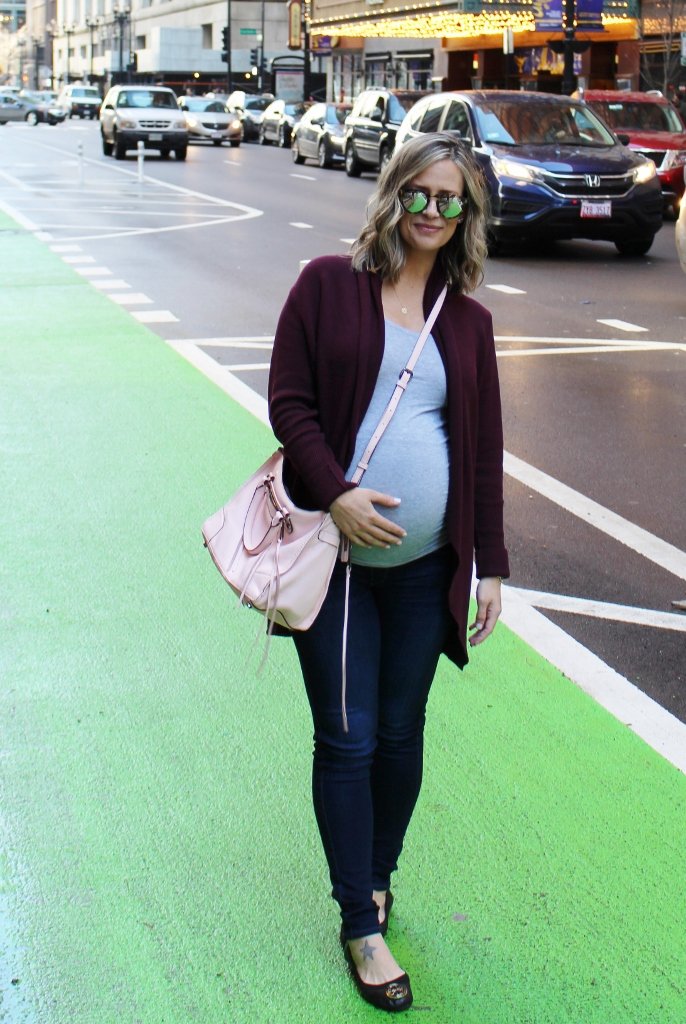Bump style: tank, cardigan, maternity jeans, crossbody bag, flats