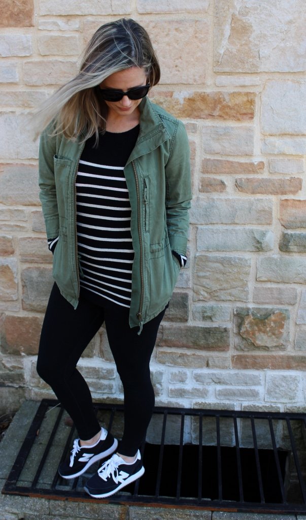 Postpartum style: striped tee, leggings, green army jacket, sneakers