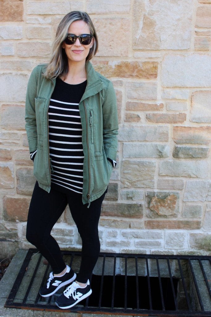 Postpartum style: striped tee, leggings, green army jacket, sneakers