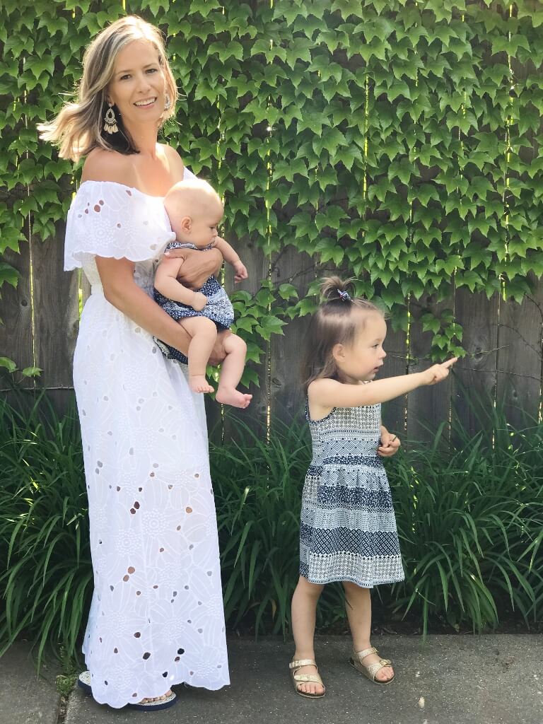 Family pics, white maxi dress for mom and matching blue print dress for the girls