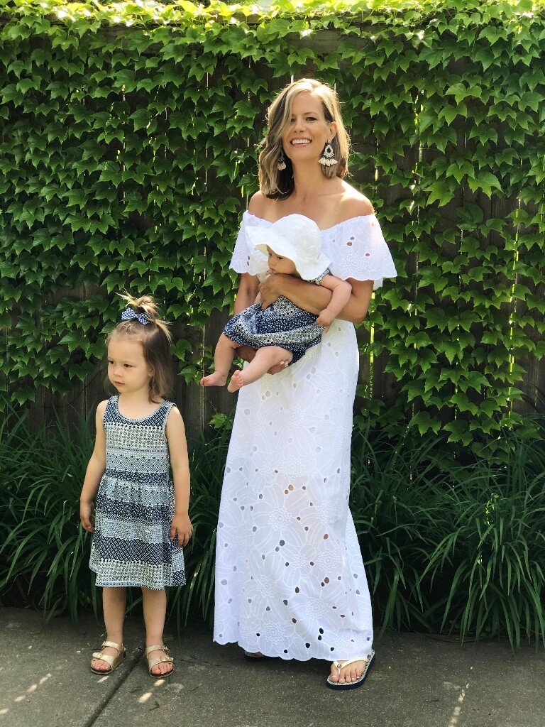 Family pics, white maxi dress for mom and matching blue print dress for the girls