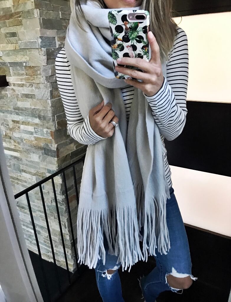 Fall style, striped tee, scarf, and denim