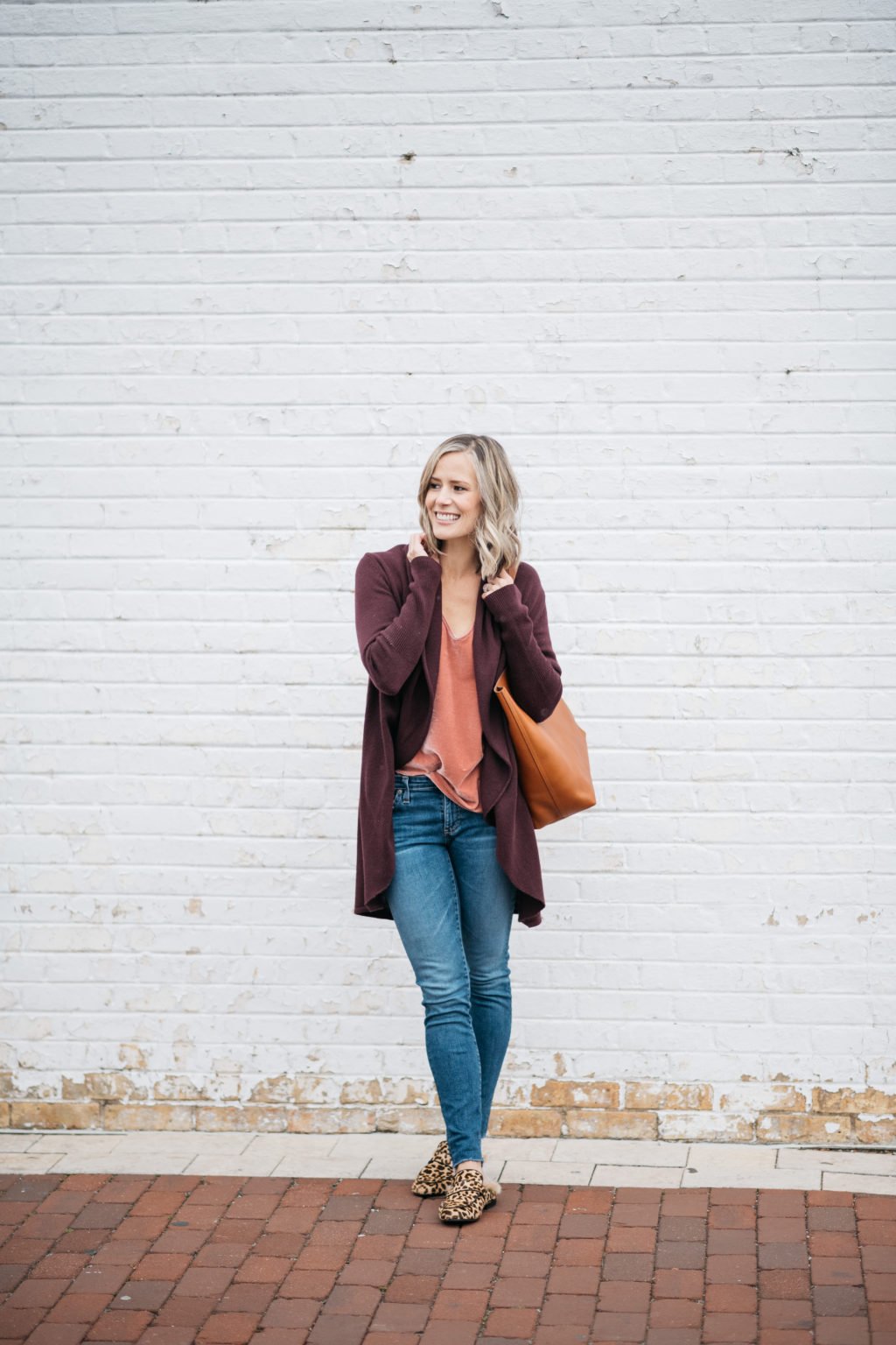 Casual NYE style, tank, cardigan, denim, tote, and flats