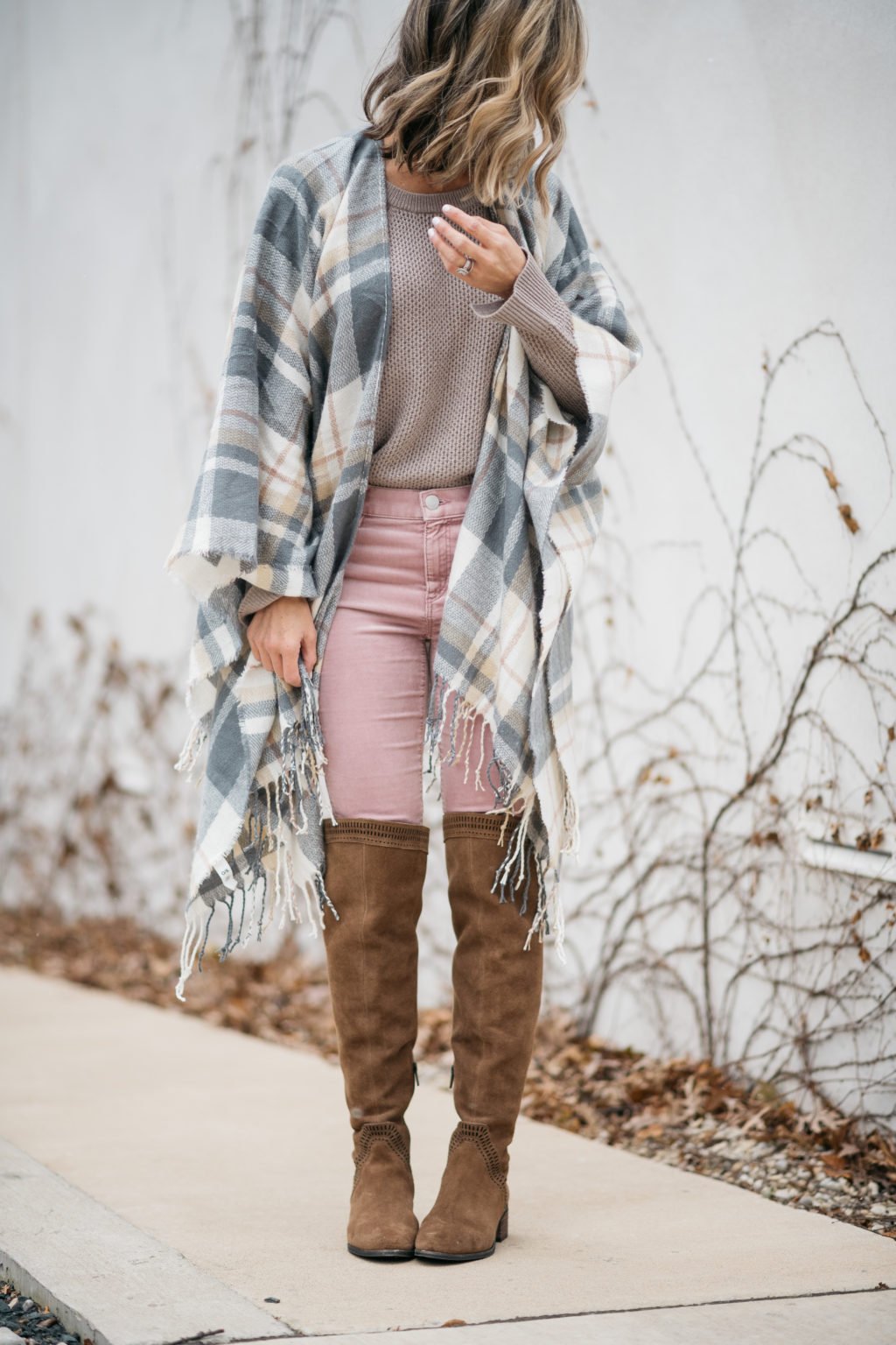 Winter style: pink corduroys, sweater, blanket scarf, over the knee boots