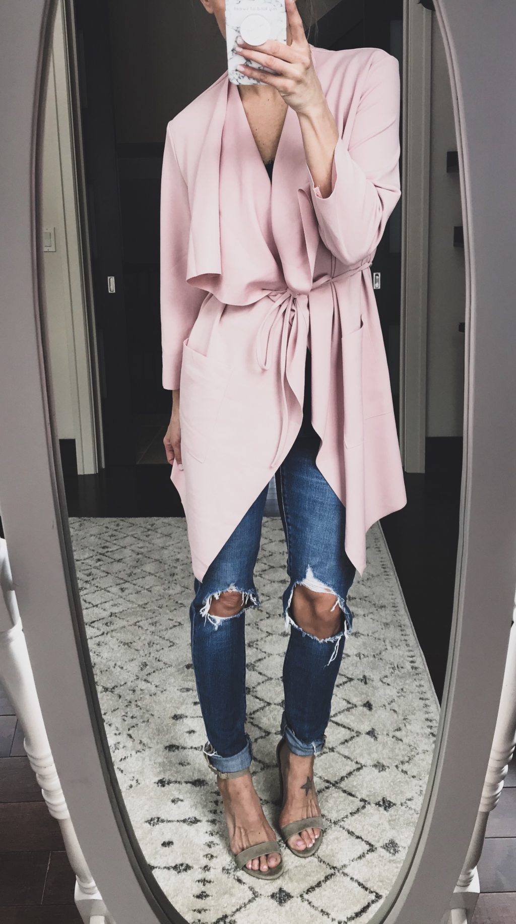 Shein review waterfall wrap coat, lace cami, mom jeans, heels