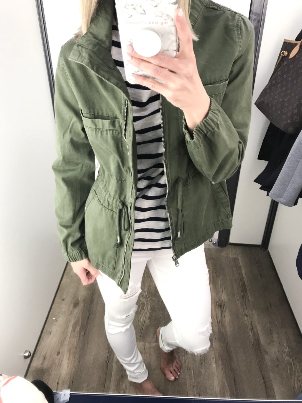 Old Navy try-on haul, army jacket, striped tee, white denim