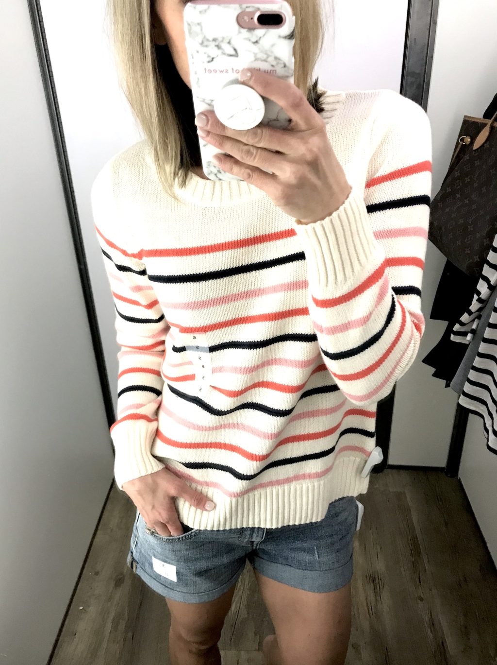 Old Navy try-on haul, striped sweater and denim shorts