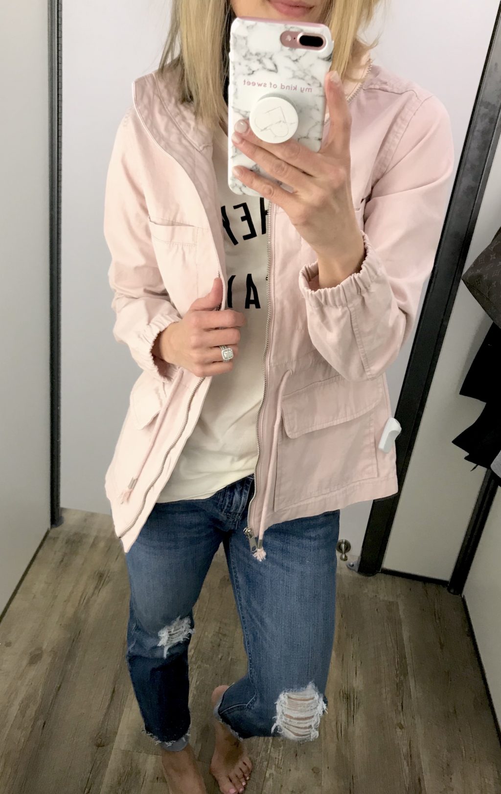 Old Navy try-on haul, graphic tee, pink jacket, distressed denim