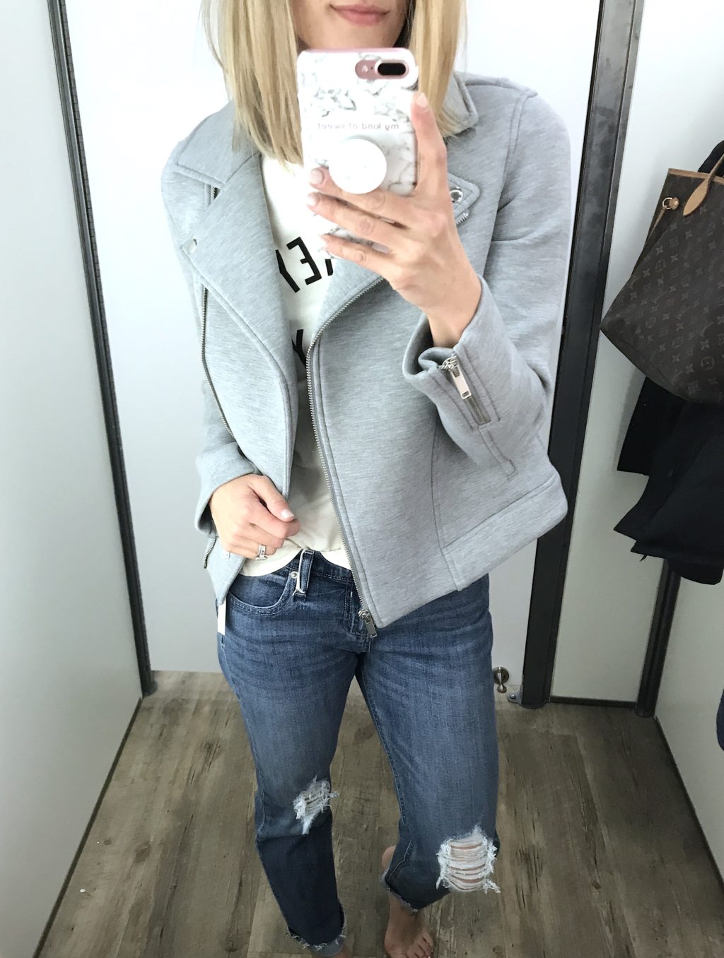 Old Navy try-on haul, graphic tee, distressed denim, and grey moto jacket