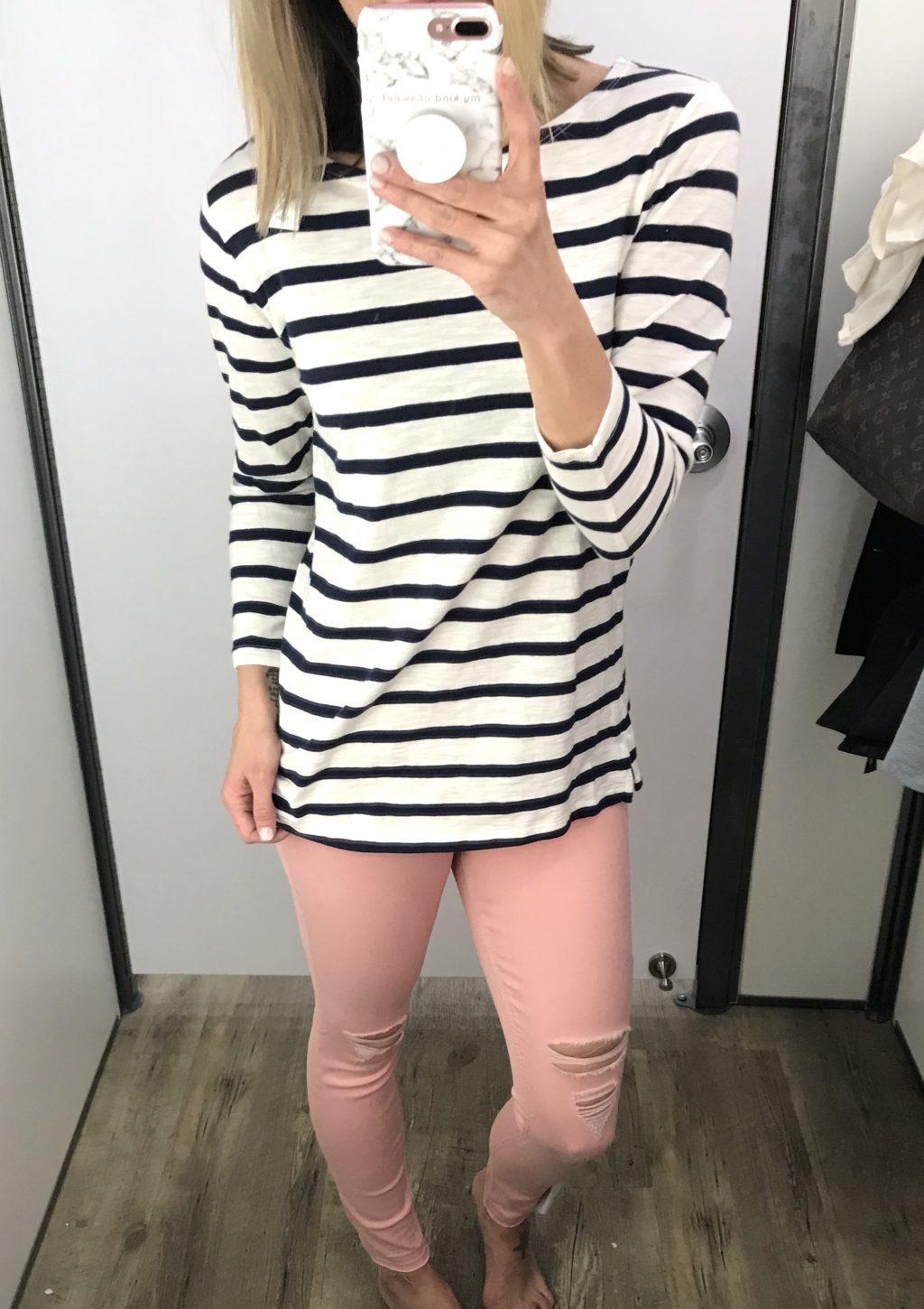 Old Navy try-on haul, striped tee and pink denim