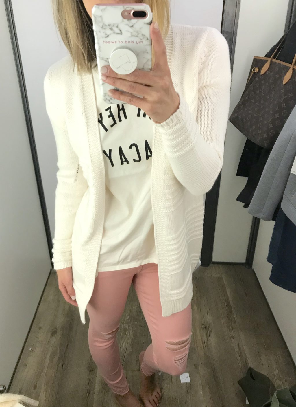 Old Navy try-on haul, graphic tee, cardigan, and pink denim