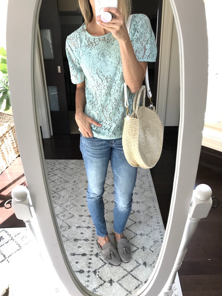 What's new in my closet, lace blouse, denim, straw circle tote