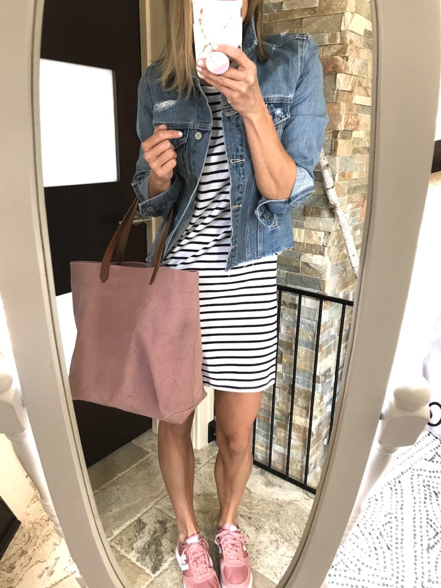 What's new in my closet, striped dress, denim jacket, tote, and sneakers