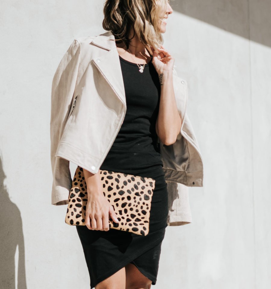 Daytime to date night: tank dress, suede jacket, heels, leopard clutch