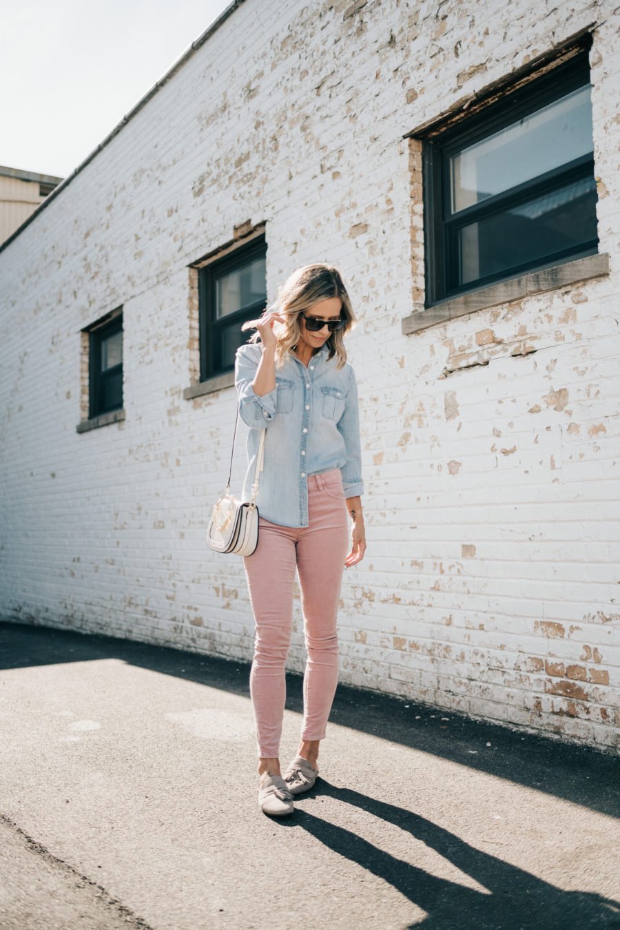 Denim shirt, pink jeans, Chloe dupe bag, sunglasses, and mules
