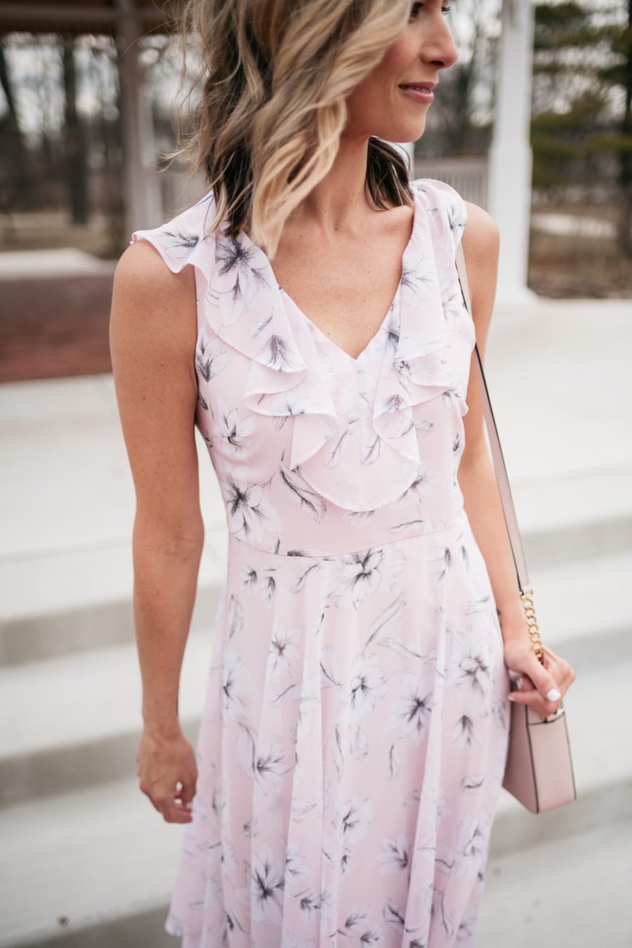 Purple floral party dress, nude strappy heels, cross body bag