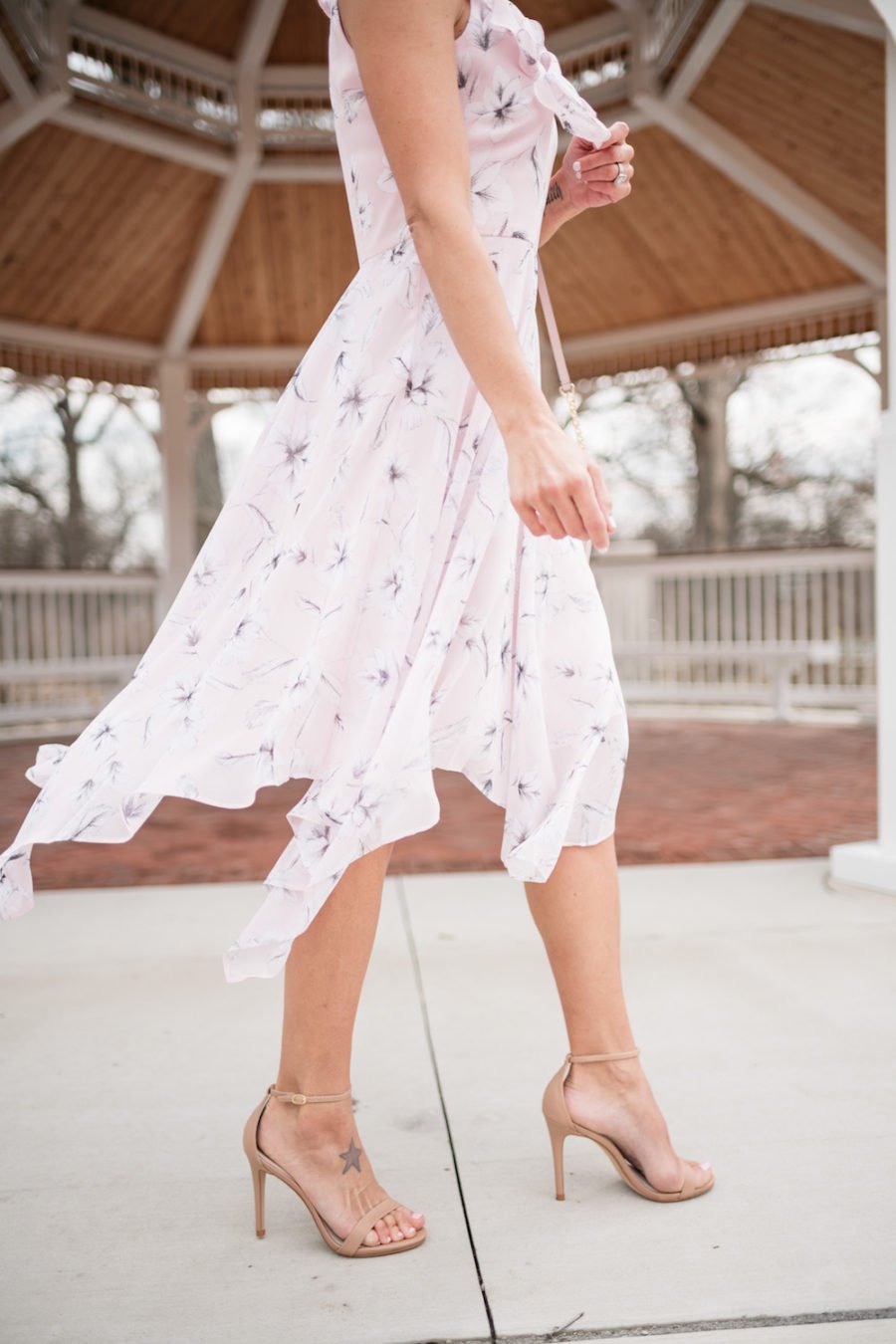 Purple floral party dress, nude strappy heels, cross body bag