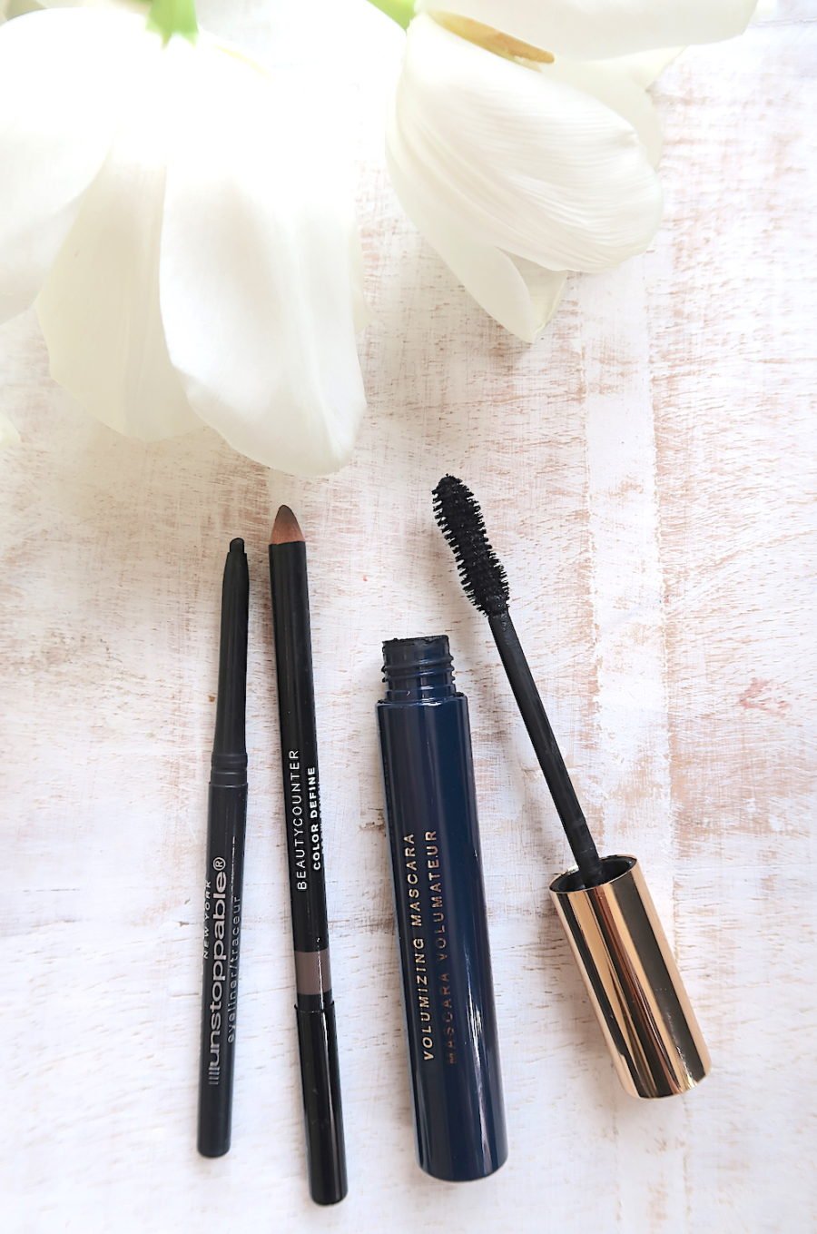 Maybelline Unstopabble Eyeliner (in Black) | Beautycounter Color Define Brow Pencil | Beautycounter Volumizing Mascara