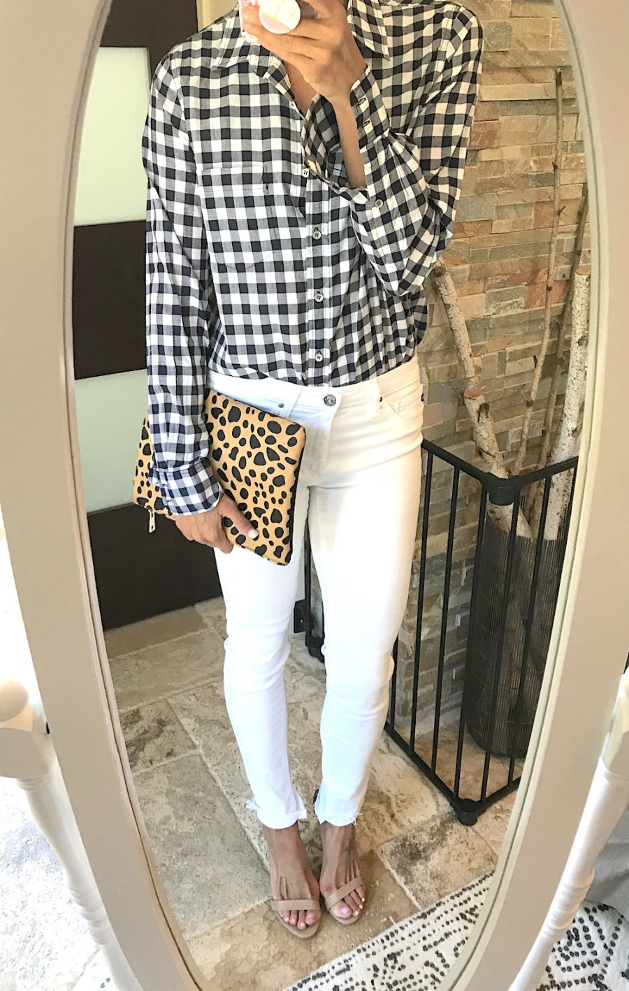 Gingham shirt, white denim, heels, leopard clutch