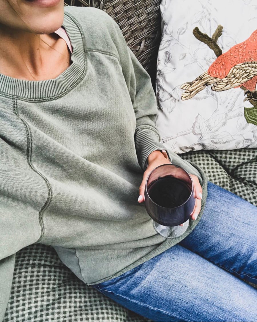 Sweatshirt, denim, and coffee