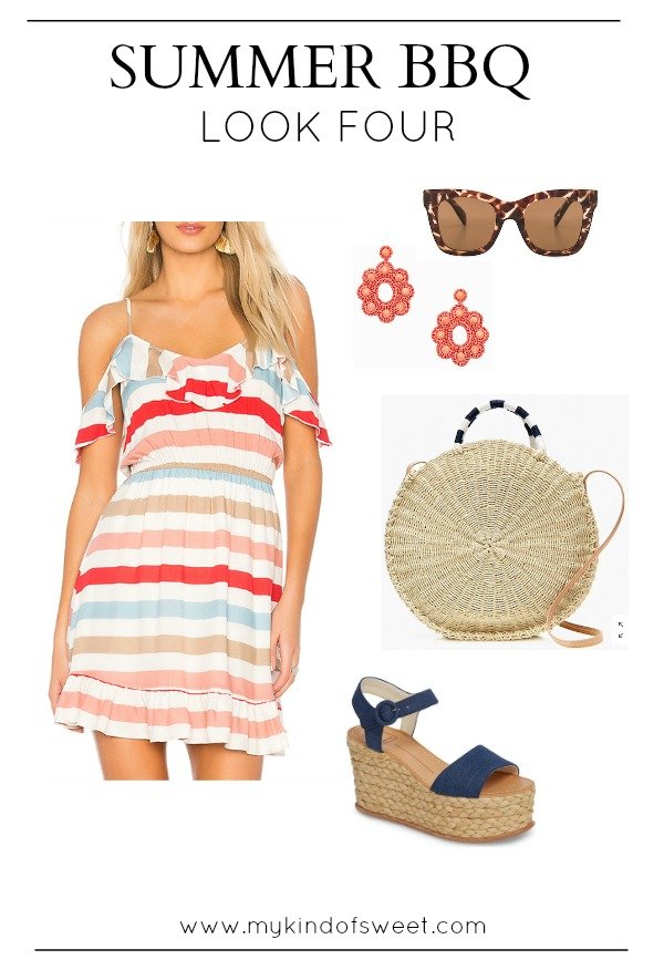 Summer BBQ outfit ideas, striped dress, straw tote, espadrilles, sunglasses
