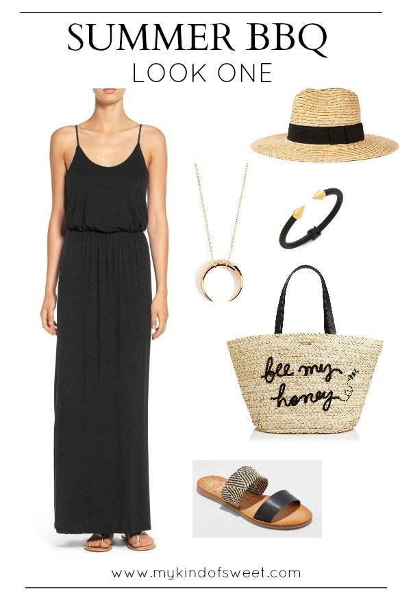 Summer BBQ outfit ideas, black maxi dress, straw hat, straw tote, sandals