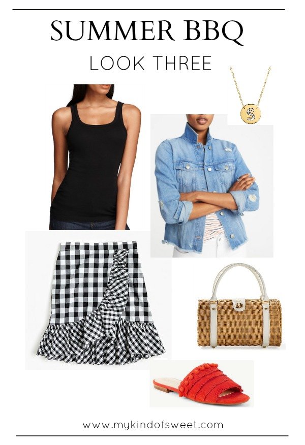 Summer BBQ outfit ideas, black tank, gingham skirt, denim jacket, straw bag