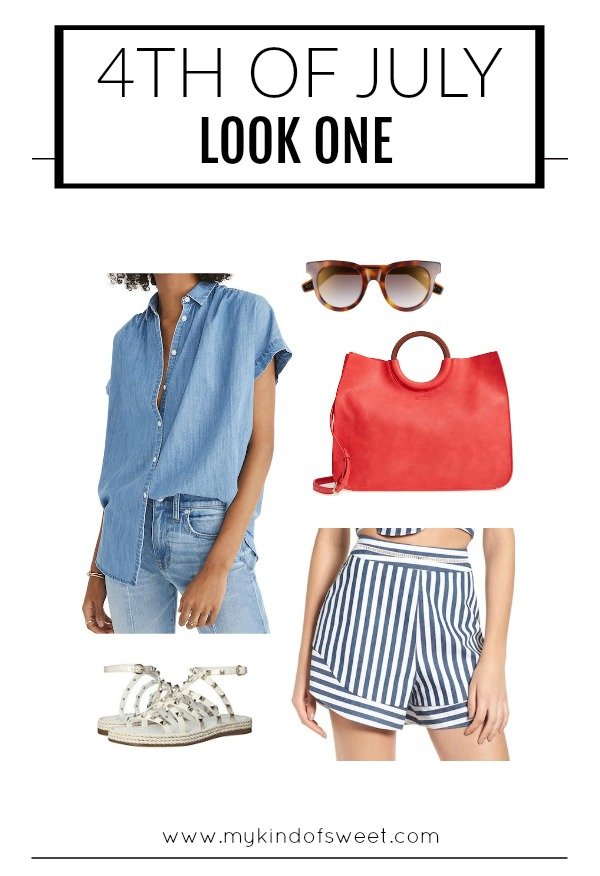 4th of July outfit ideas, denim shirt, striped shorts, red accessories, sandals