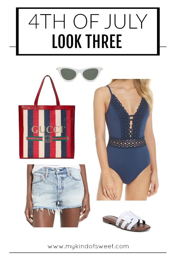 4th of July outfit ideas, swimsuit, denim shorts, sandals, and Gucci tote