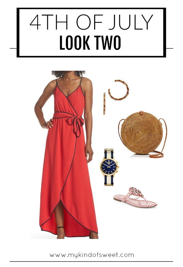 4th of July outfit ideas, maxi dress, straw bag, earrings, and sandals