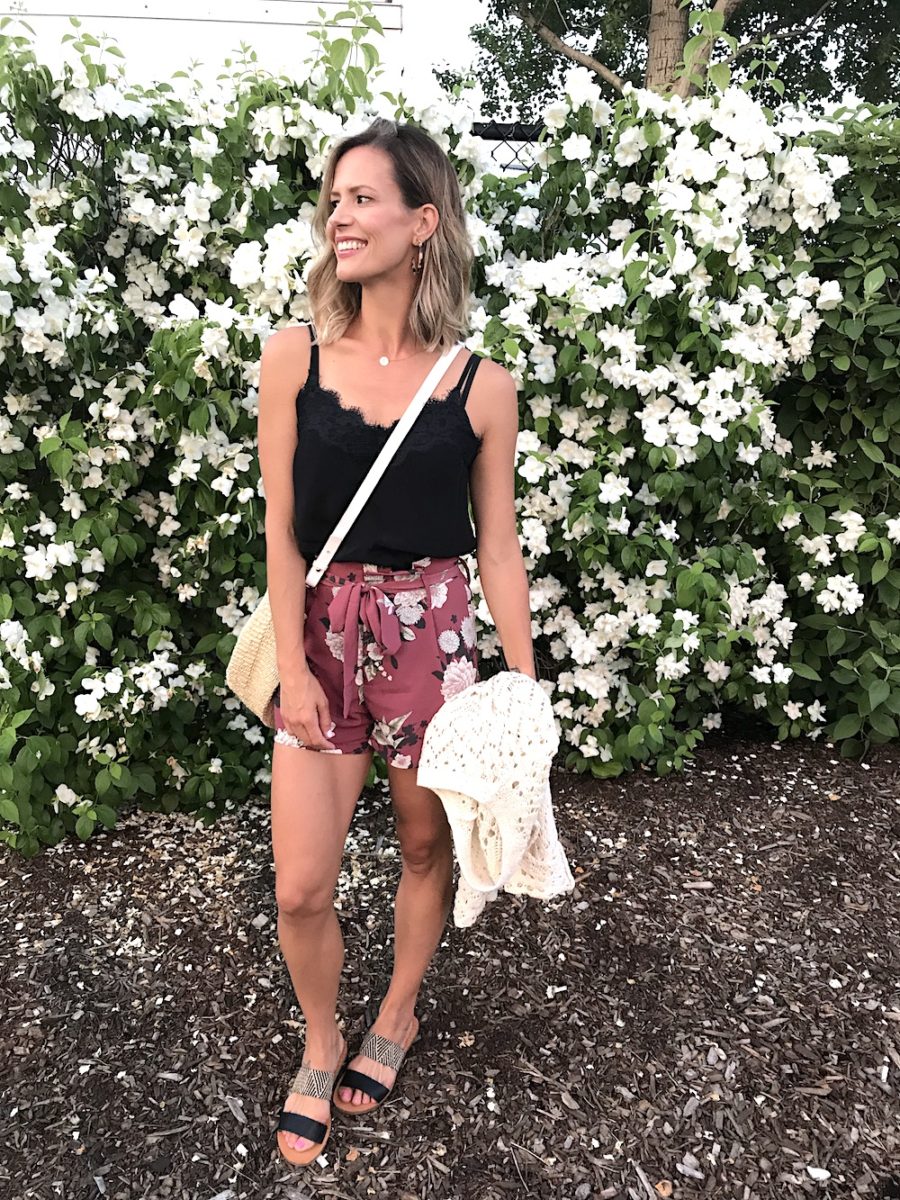 A weekend in Chicago, what I wore: black tank, floral shorts, straw bag, sandals