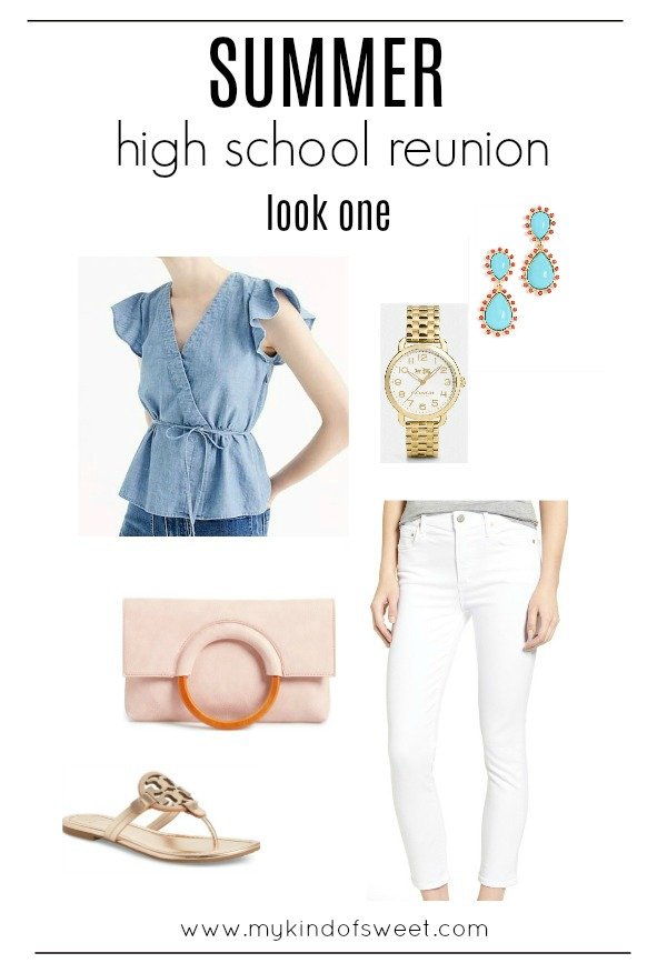 summer high school reunion outfit ideas, denim top, white denim, sandals