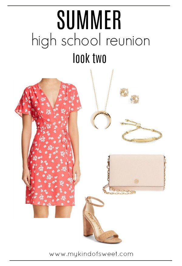 summer high school reunion outfit ideas, floral dress, gold accessories, heels
