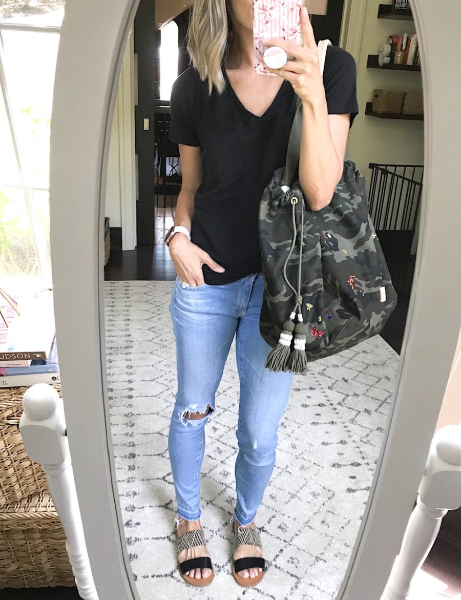 #ootd round up, black tee, denim jeans, sandals, and tote
